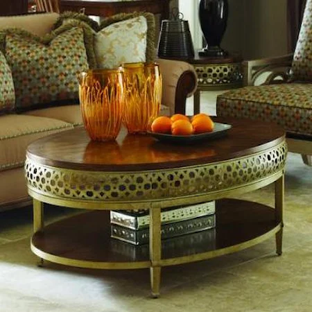 Oval Cocktail Table with Wood Shelf and Metal Base